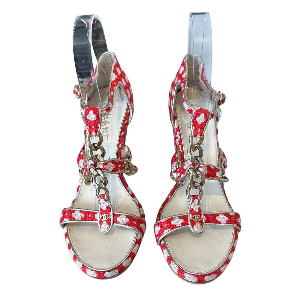 Chanel Vintage Red Tweed Gold Chain Logo Strappy High Heel Sandals EU 38.5